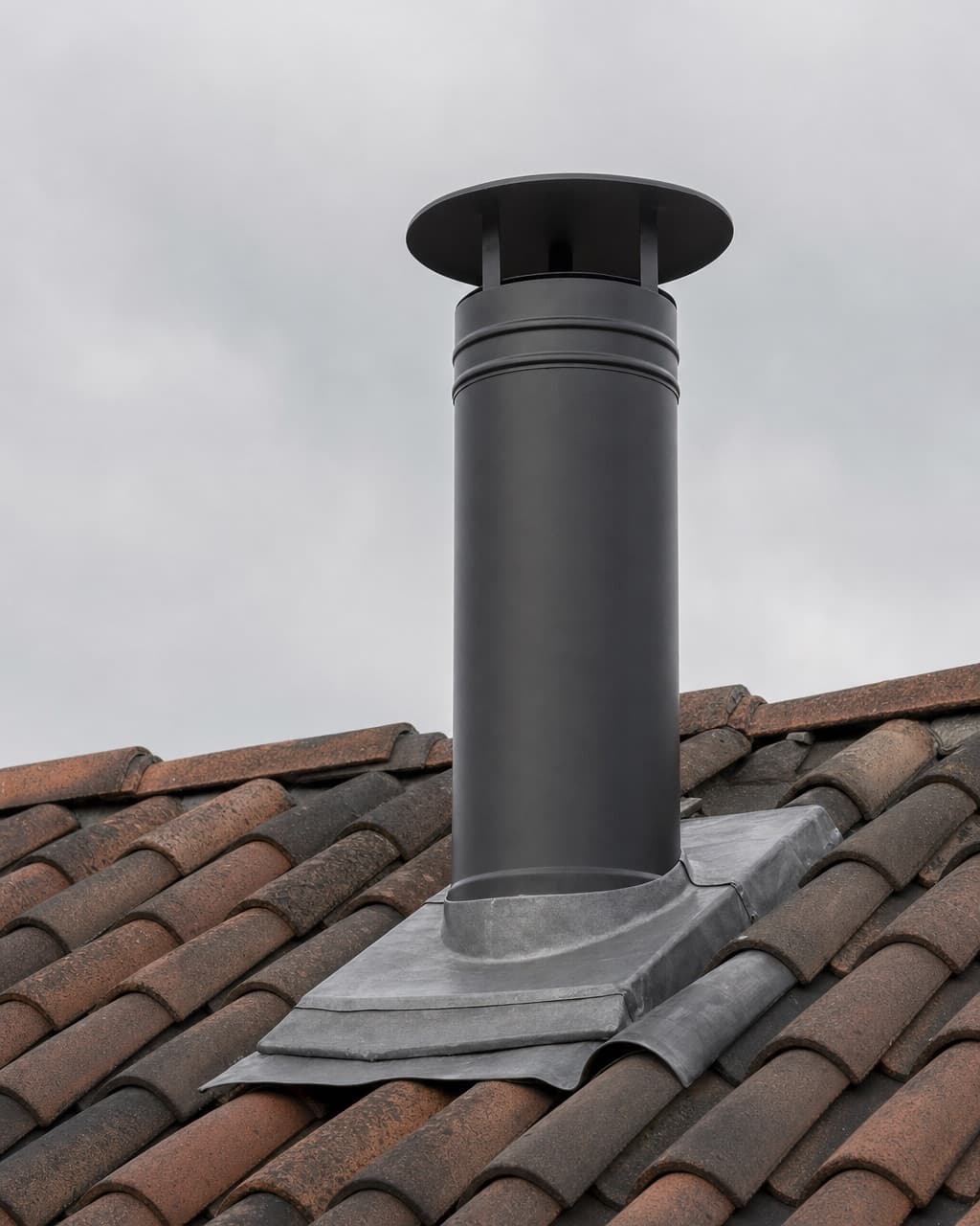 Un conduit de fumée noir en toiture, sortie avec chapeau et solin plomb sur des tuiles