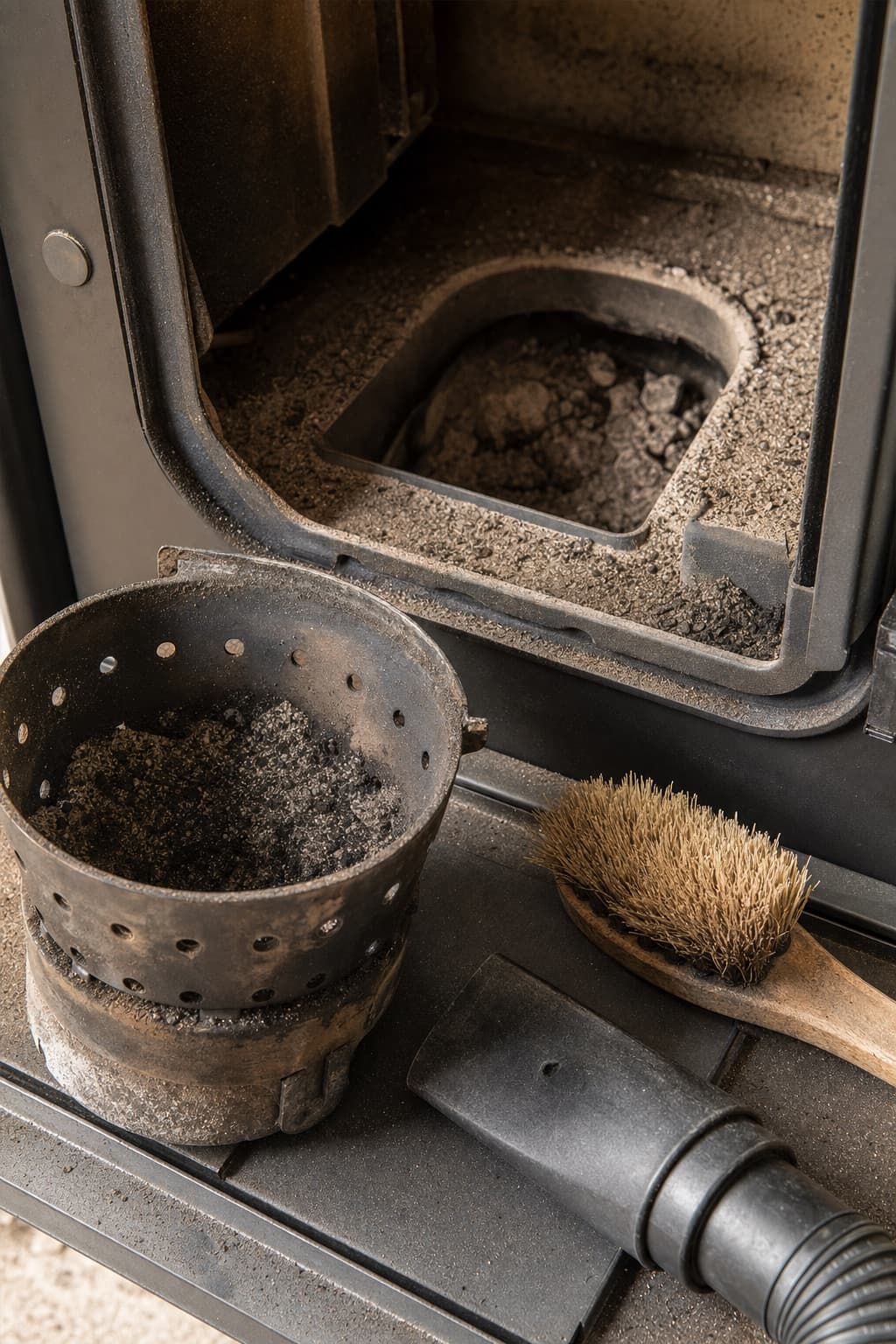 Le creuset sorti de la chambre de combustion, cendres et mâchefer visibles, brosse et aspirateur à côté