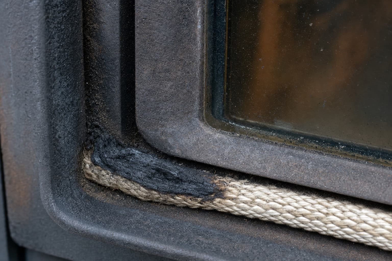 Le joint tressé d’une porte de poêle, écrasé et noirci dans un angle, le long d’une vitre encrassée