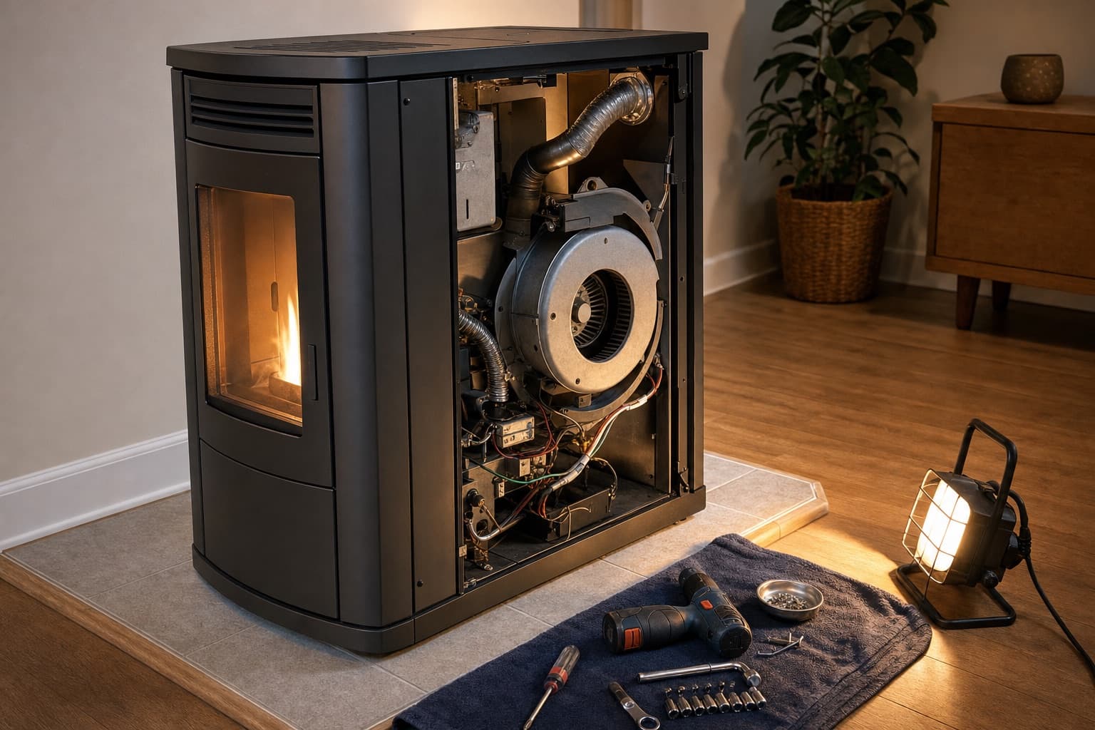 Un poêle en cours d’entretien, panneau latéral retiré, ventilateur de convection visible et outils sur un drap