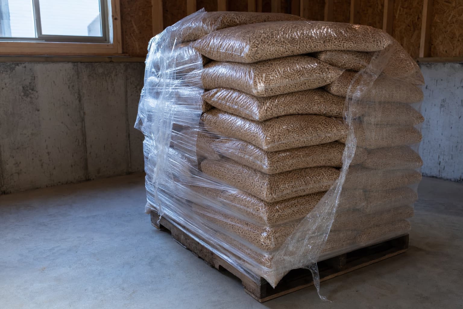 Des sacs de granulés empilés sur une palette dans un garage sec