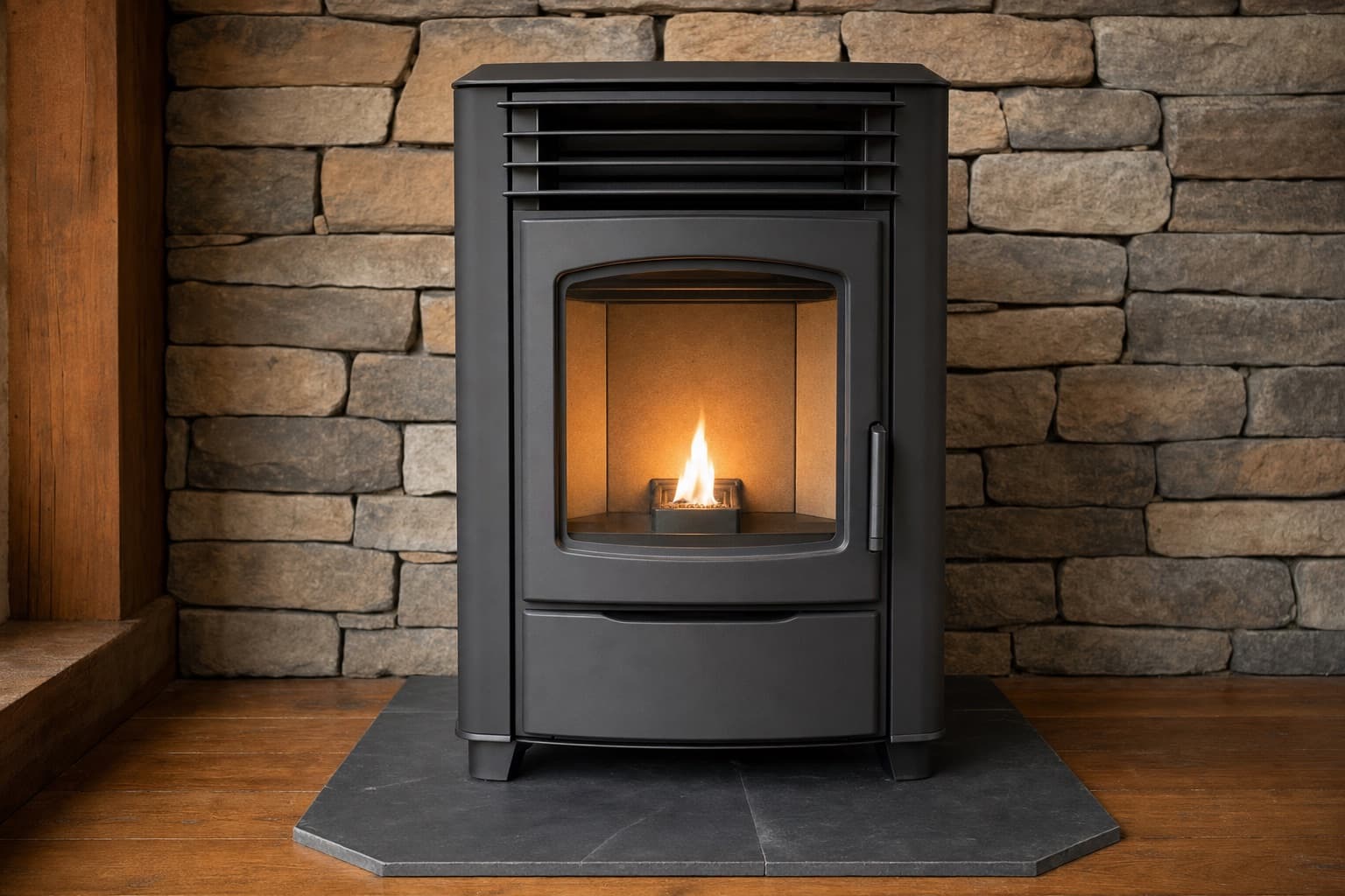 Un poêle à granulés allumé devant un mur de pierres, flamme vive dans le creuset derrière une vitre propre