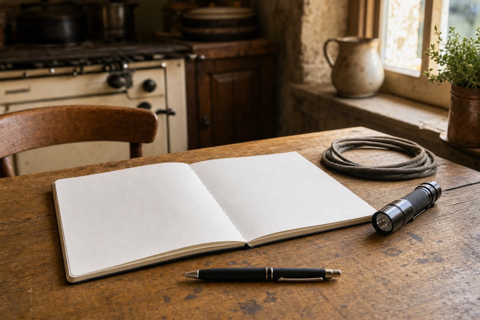 Un carnet d’entretien vierge, un stylo, une lampe et une tresse de joint neuve sur une table