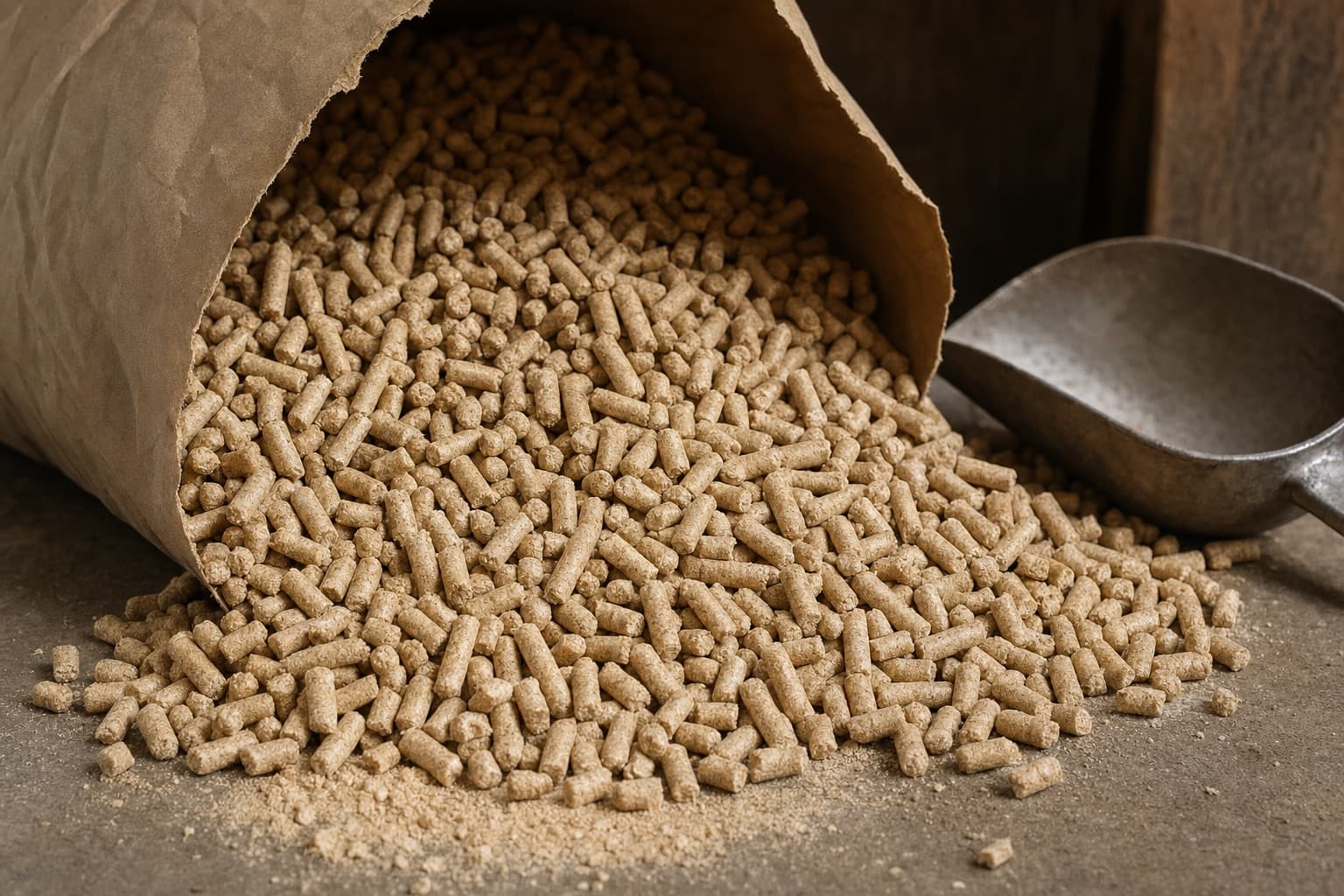 Un sac de granulés éventré, les granulés pâles et réguliers avec un peu de fines au fond